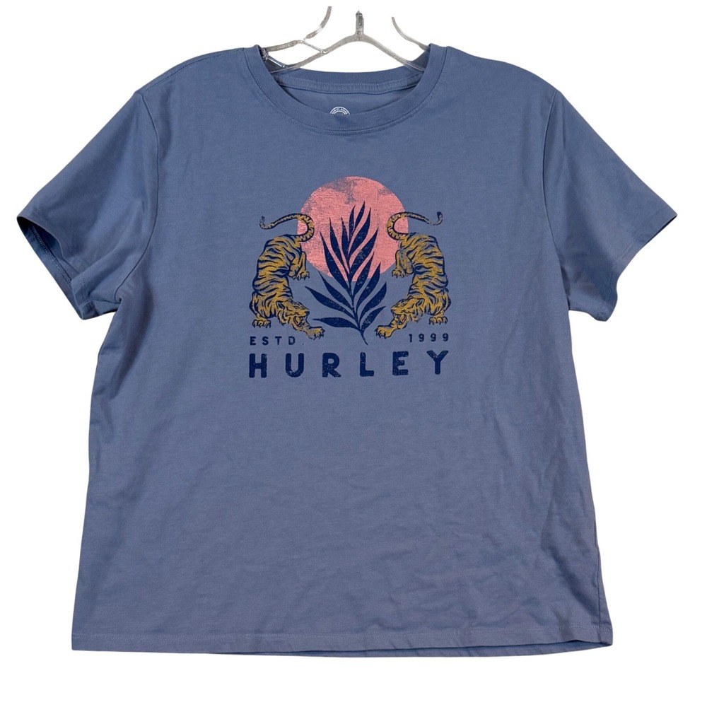 Hurley Womens Tiger Graphic T-Shirt Blue Gray Short Sleeve Crew Neck Small Retro